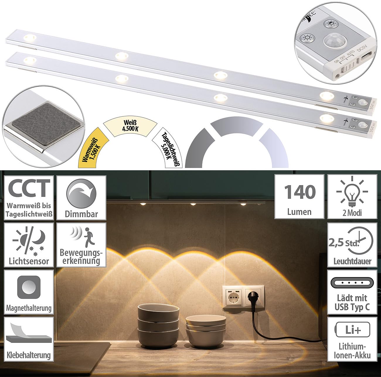 Lunartec Innenbeleuchtung Akku-Unterbauleuchte 2er-Set 140 lm CCT