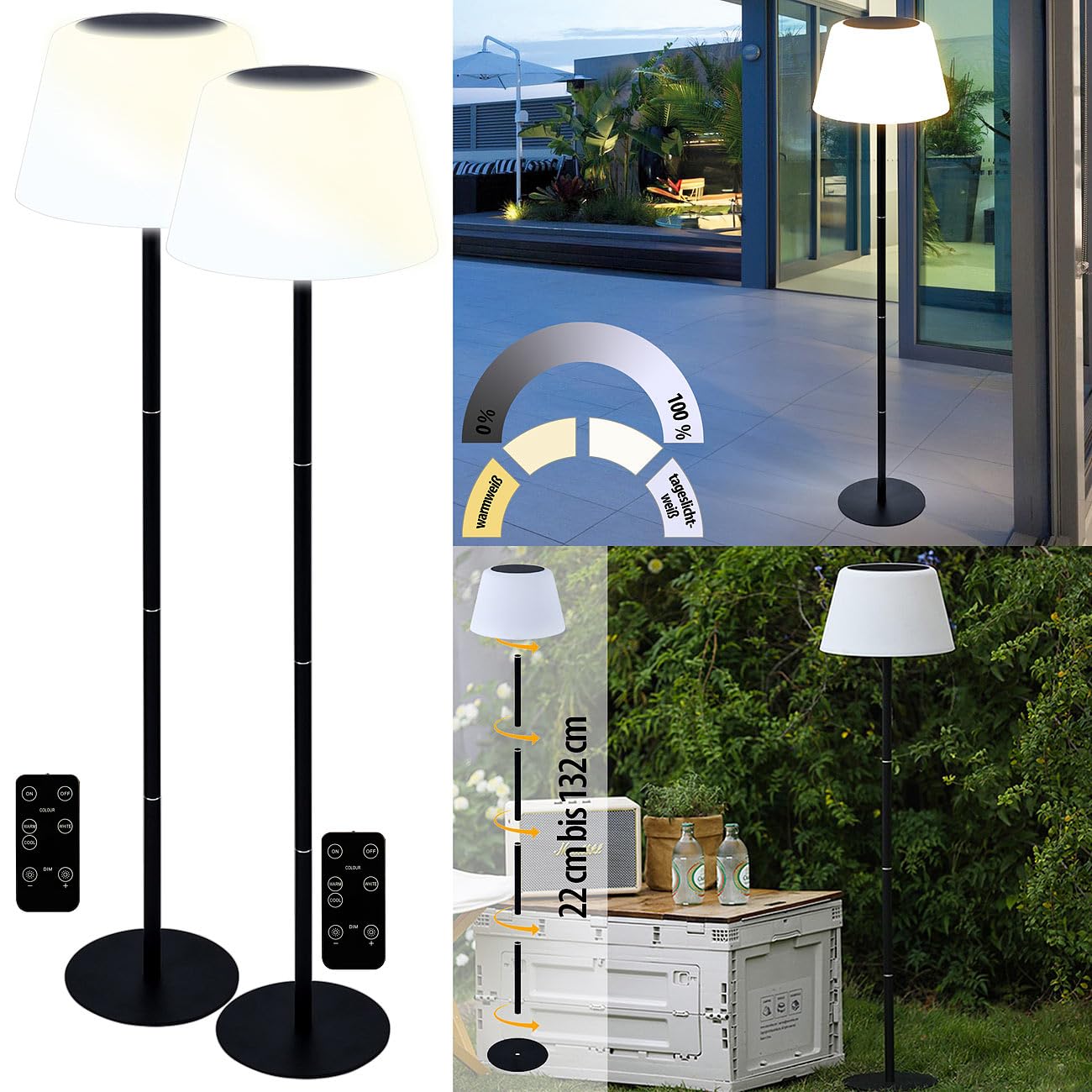 Lunartec Außenbeleuchtung Solar-Stehleuchten 2er-Set CCT 400 lm