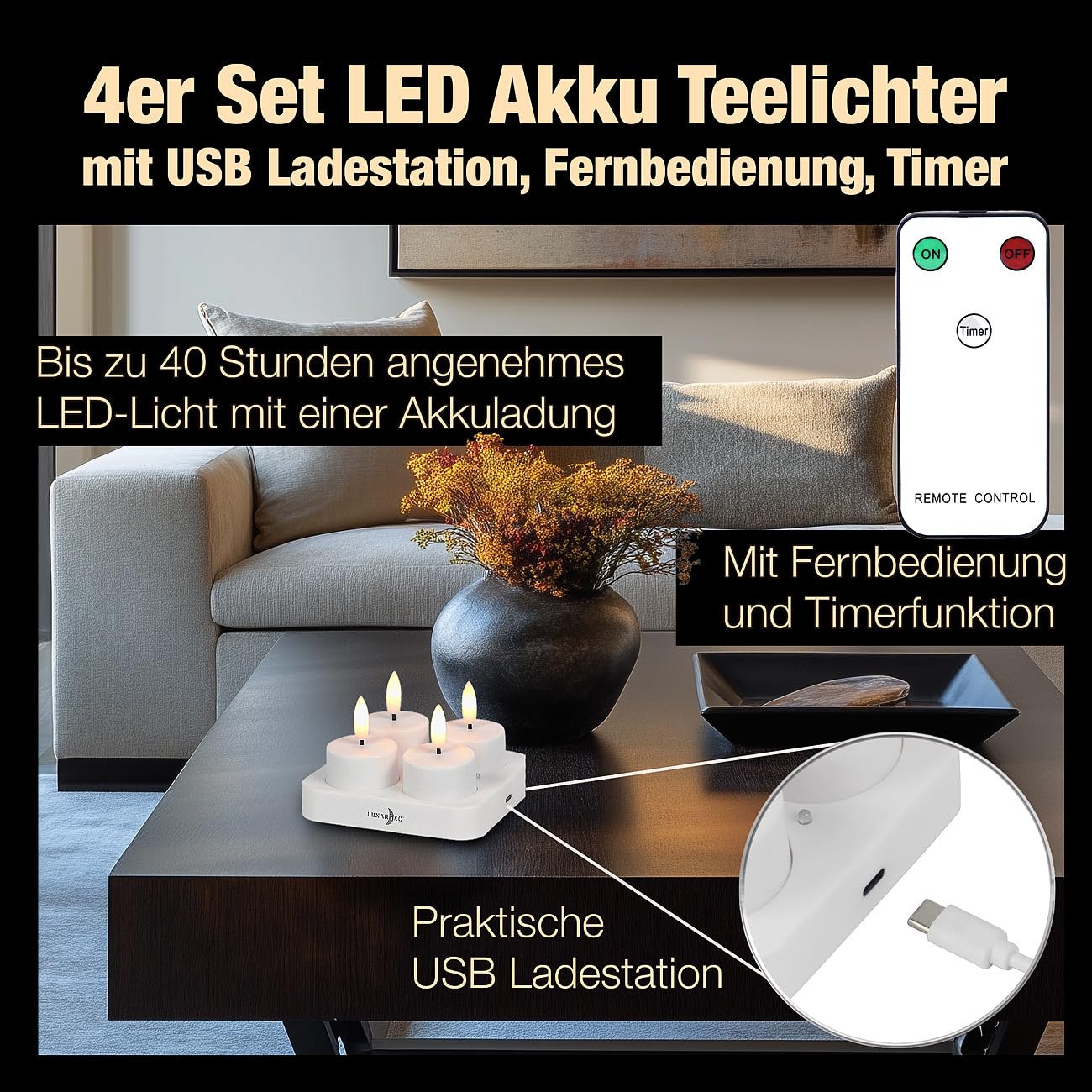 Lunartec 4er LED-Teelichter Akku Fernbedienung Timer