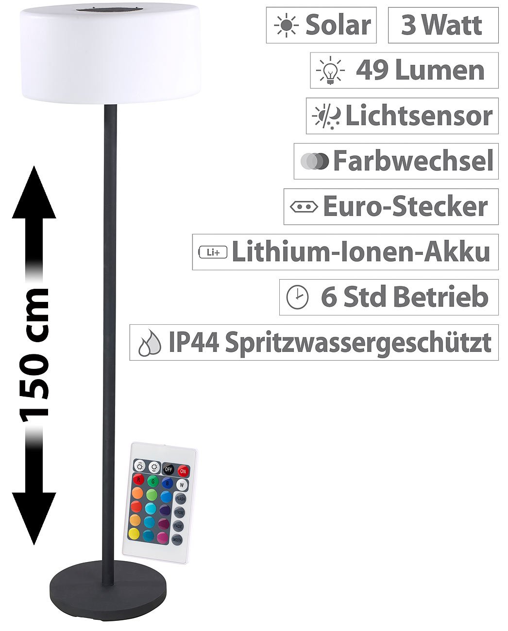 Lunartec Außenbeleuchtung Solar-Stehlampe 16 Farben IP44