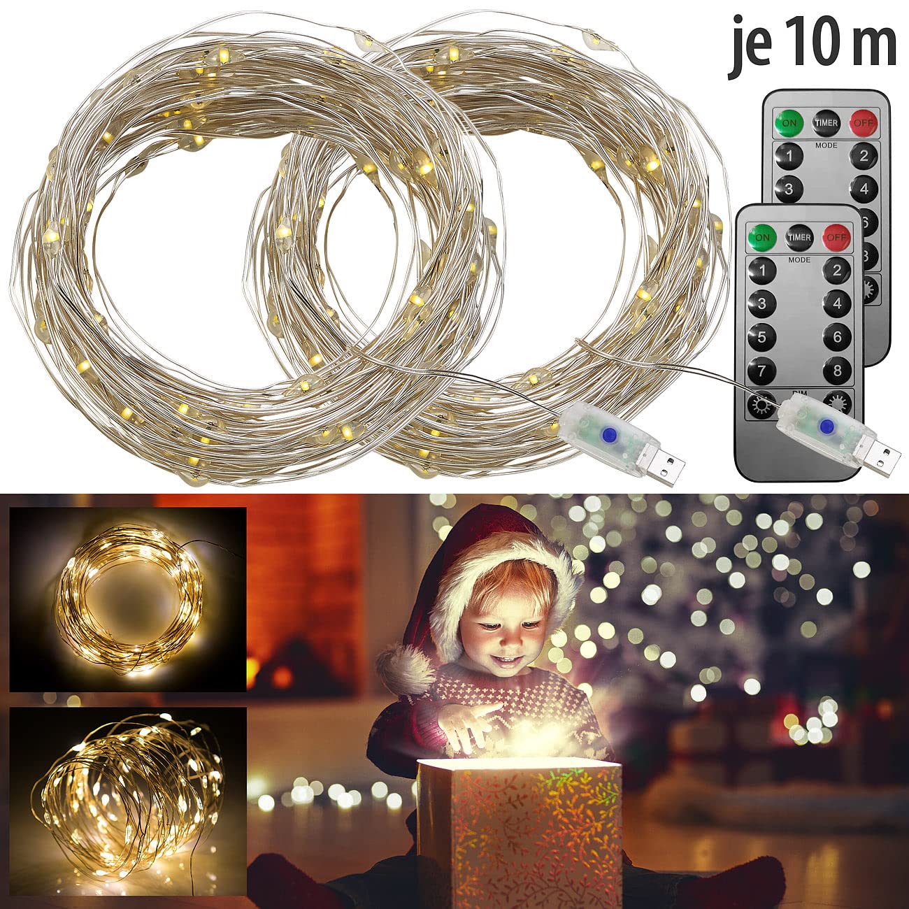 Lunartec Licht-Dekoration USB-Lichterkette 10 m 2er-Set warmweiß