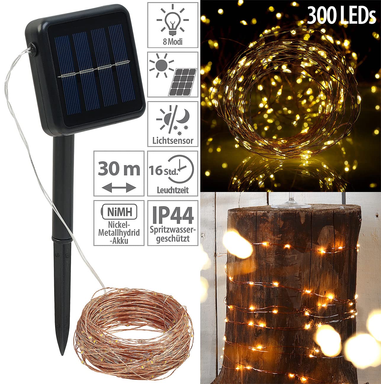 Lunartec Licht-Dekoration Solar-Drahtlichterkette 32m warmweiß