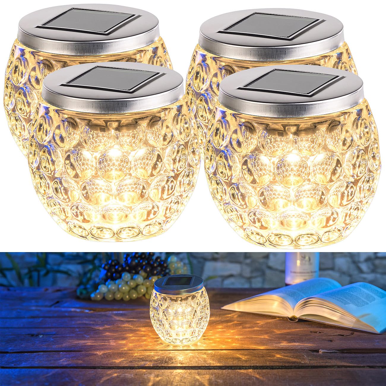 Lunartec Layna Solar-Windlicht Glas 4er-Set warmweiß