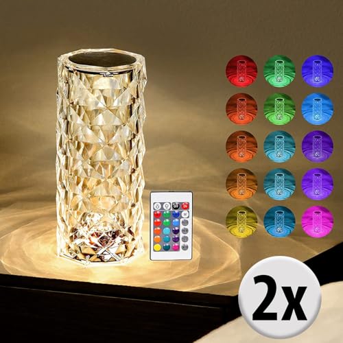 Lunartec Innenbeleuchtung LED-Tischlampe Kristall 2er-Set RGBW Akku