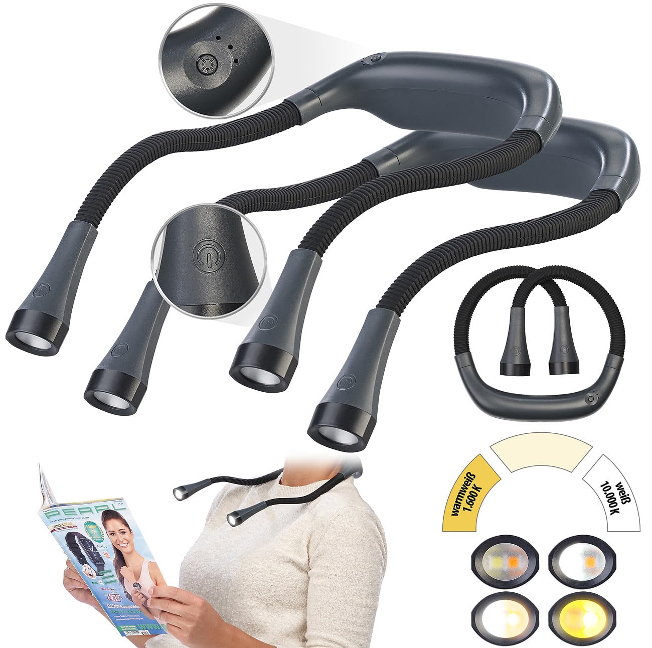 Lunartec Taschenlampen LED-Hals-Leselampe 2er-Set 4W dimmbar