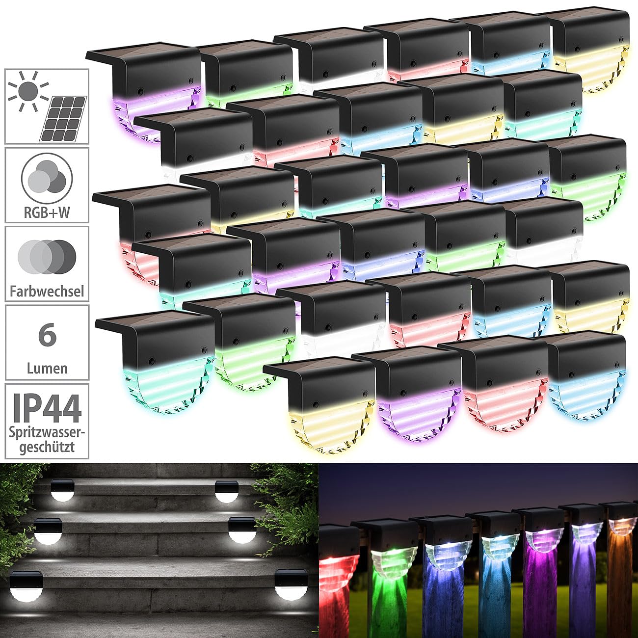 Lunartec Außenbeleuchtung Solarlampe 32er-Set RGBW für Zaun
