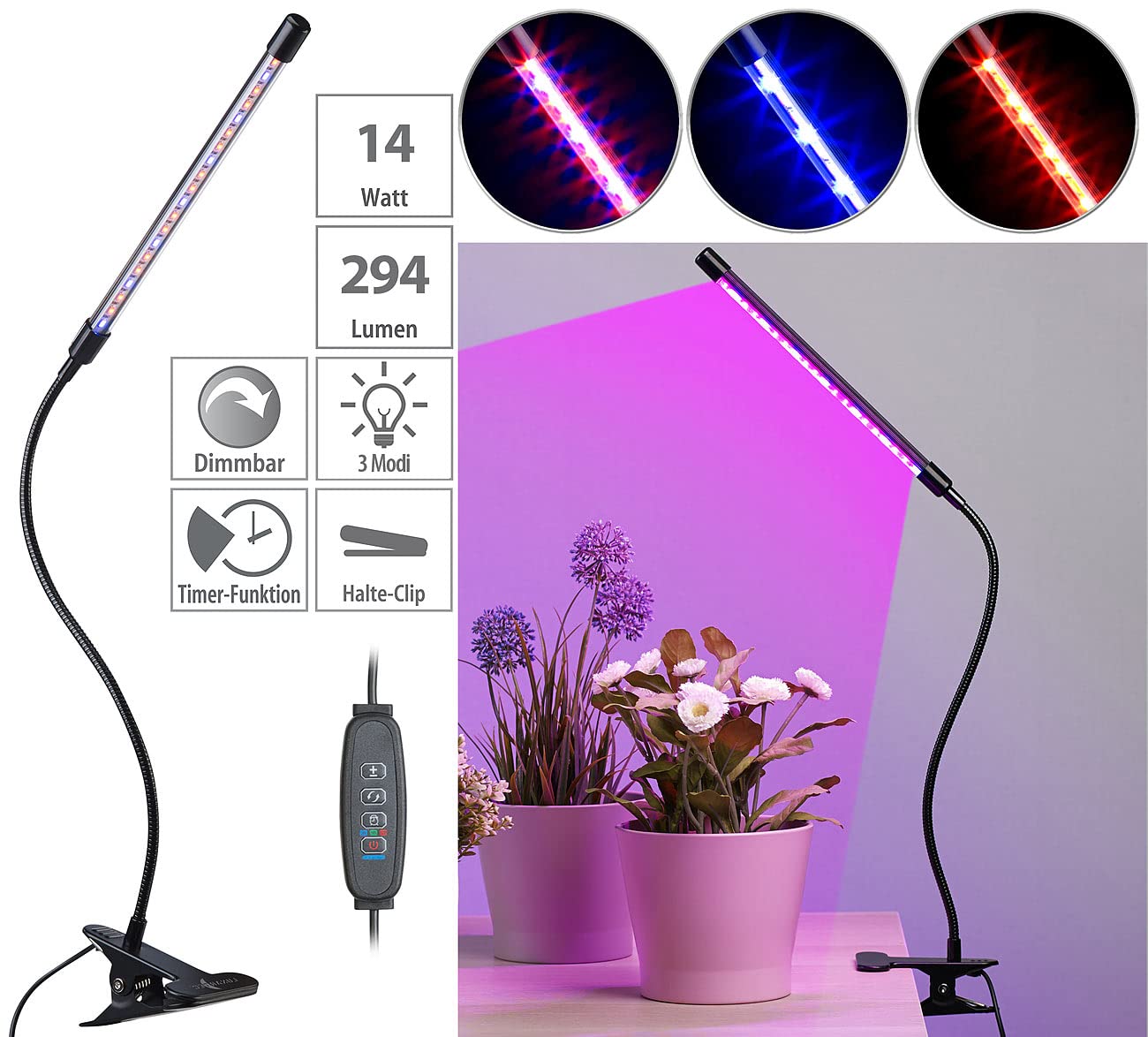 Lunartec Leuchtmittel LED-Pflanzenlampe rot-blau USB dimmbar Clip