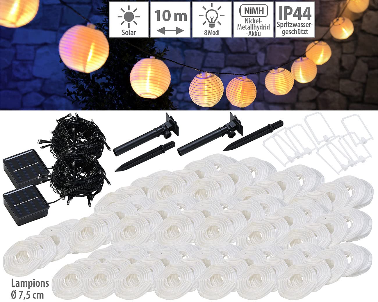 Lunartec Licht-Dekoration Solar Lampion-Lichterkette warmweiss 2er-Set