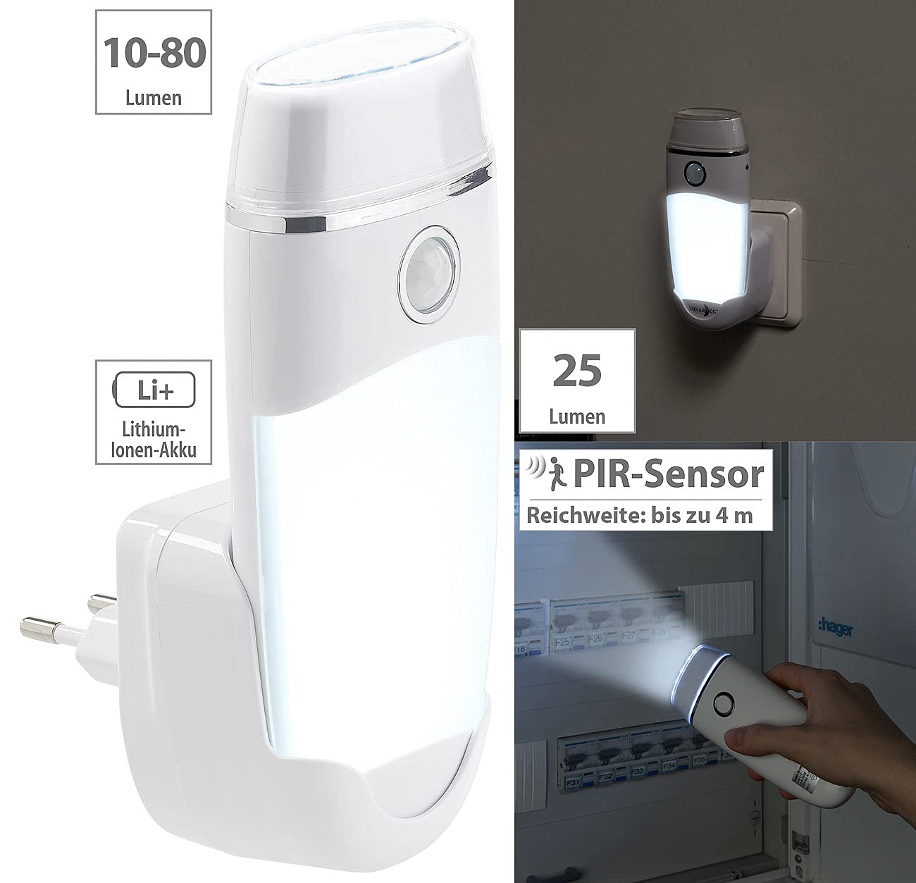 Lunartec 4in1 Steckdosenlampe Nachtlicht mit Akku