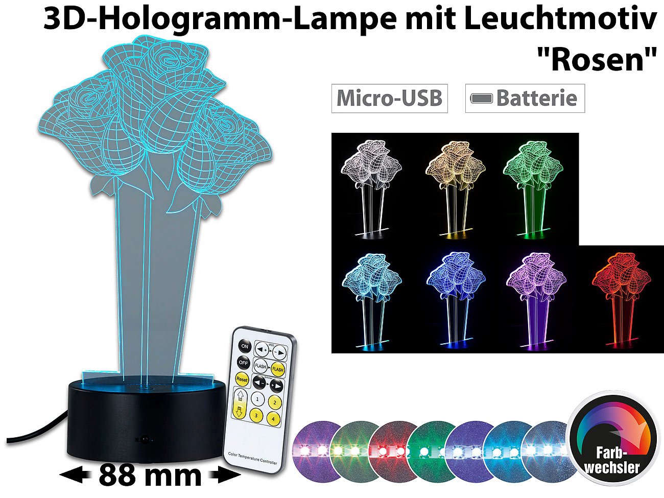Lunartec Licht-Dekoration 3D-Hologramm-Lampe Rosen 7-farbig