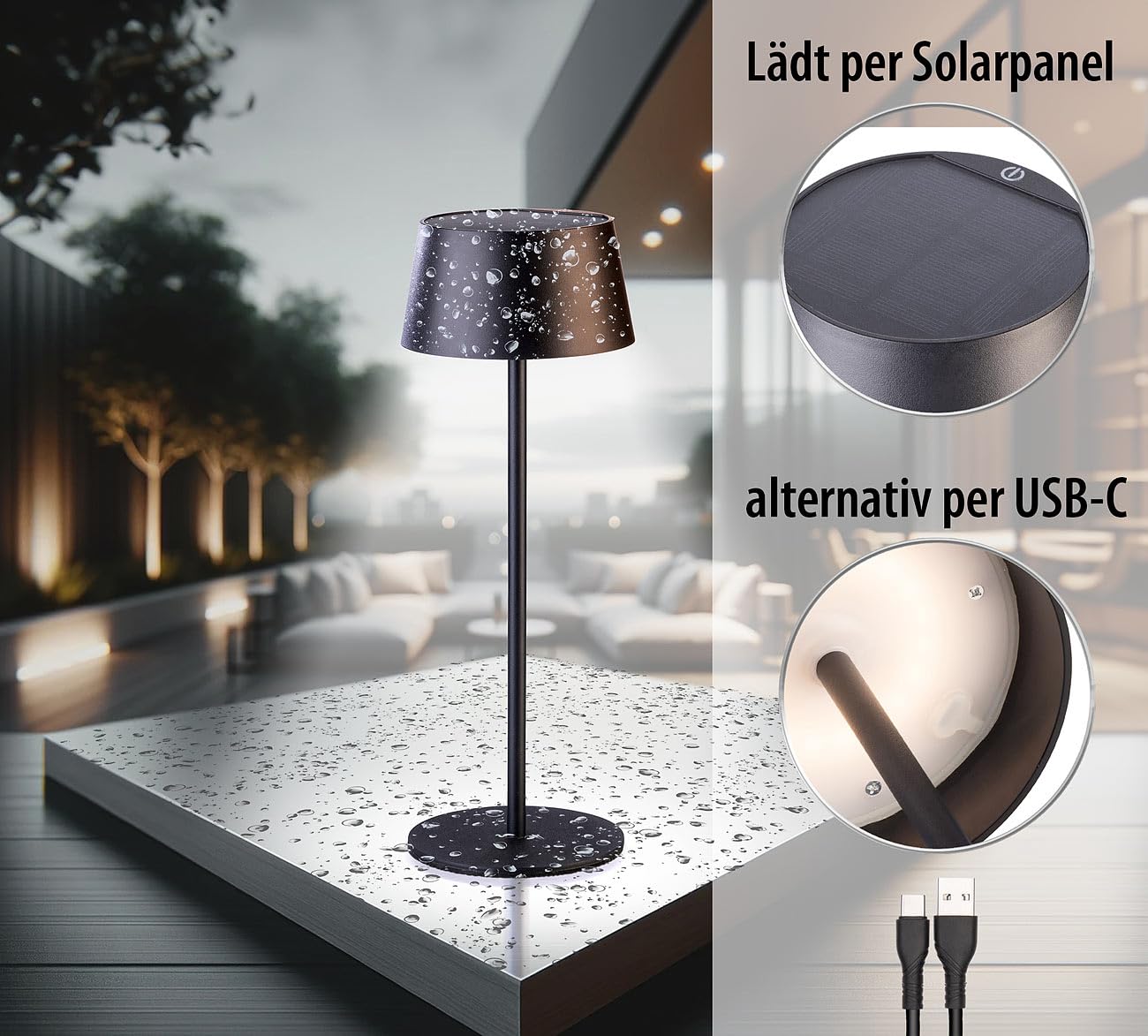 Lunartec Außenbeleuchtung 2er Solar-Tischlampe warmweiß dimmbar