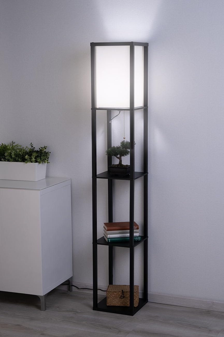 Lunartec Stehlampe Holz Regal schwarz E27 160 cm Stehleuchte