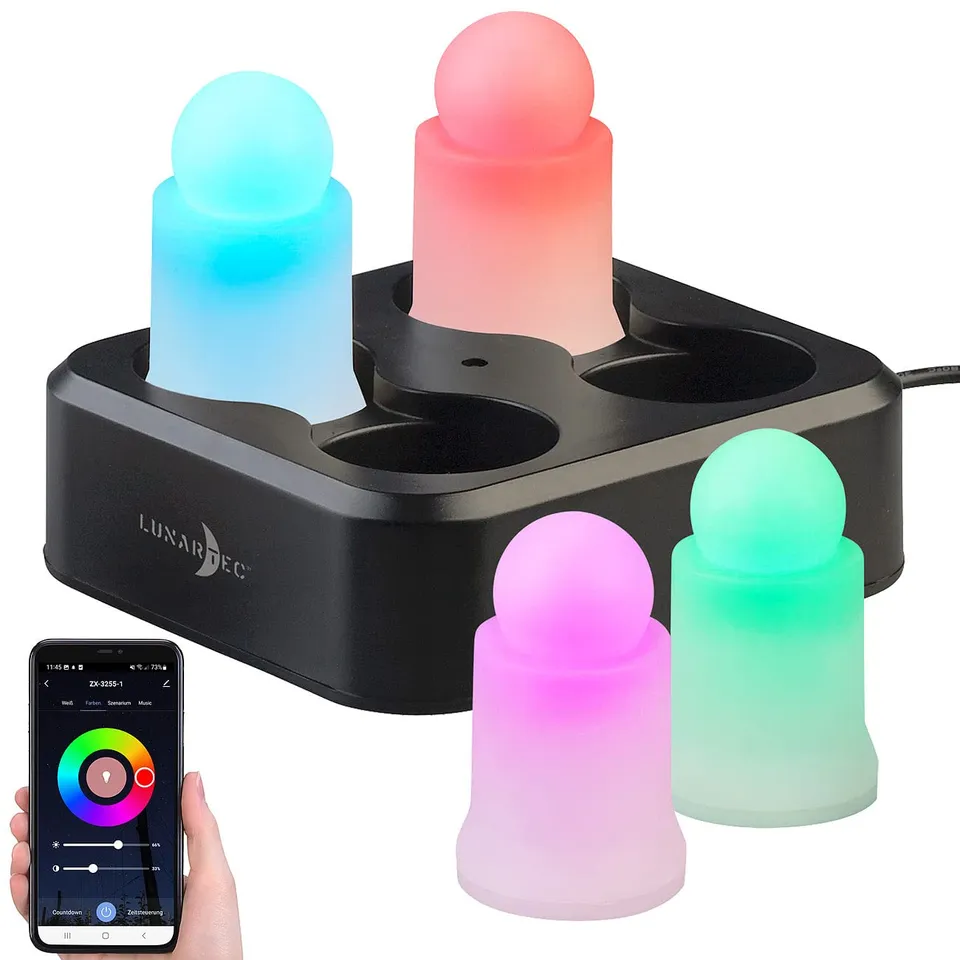 Lunartec LED Kerzen Akku RGBWW 4er-Set mit Ladestation App