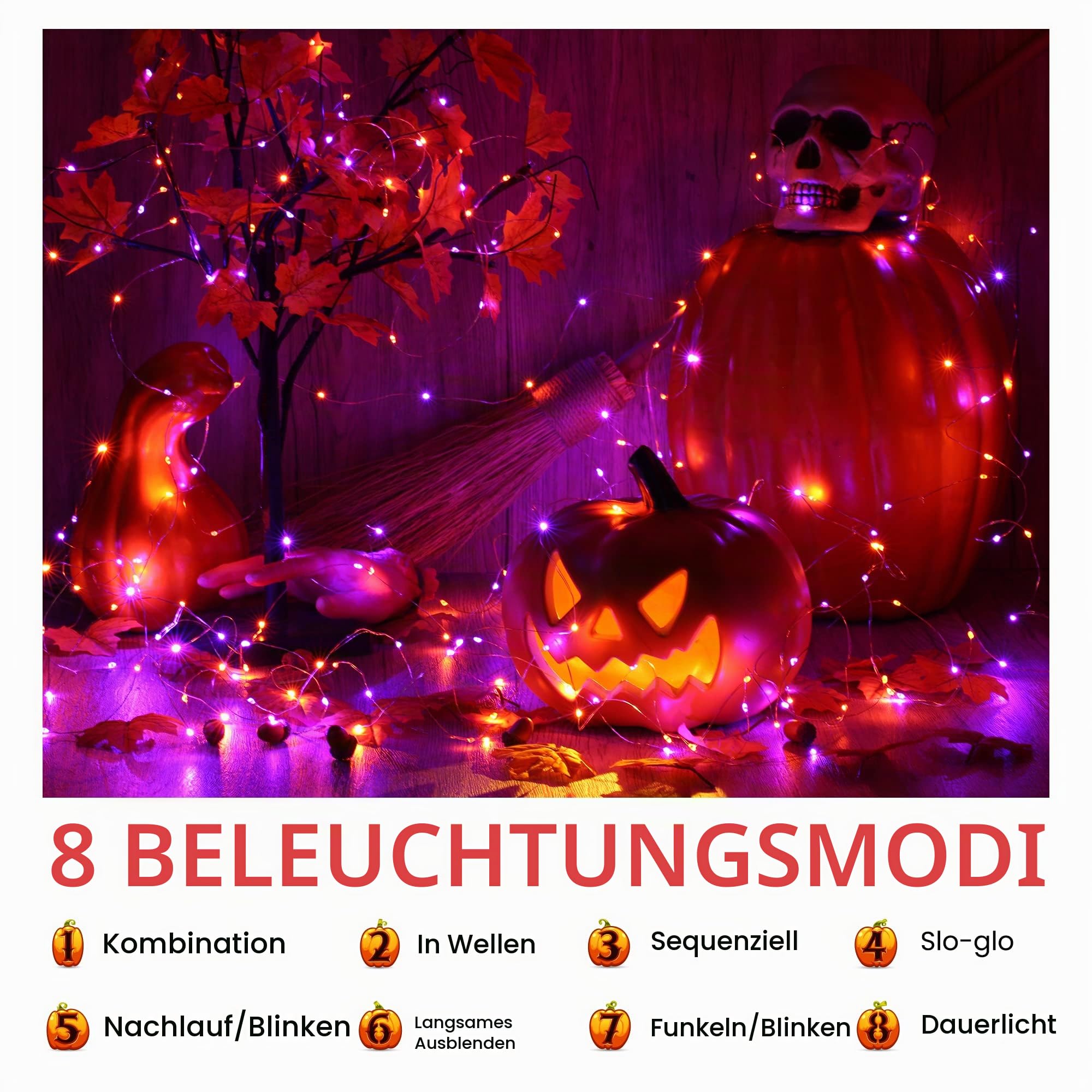 Qedertek Lichterkette 10 m 100 LED Draht Orange-Lila Batterie