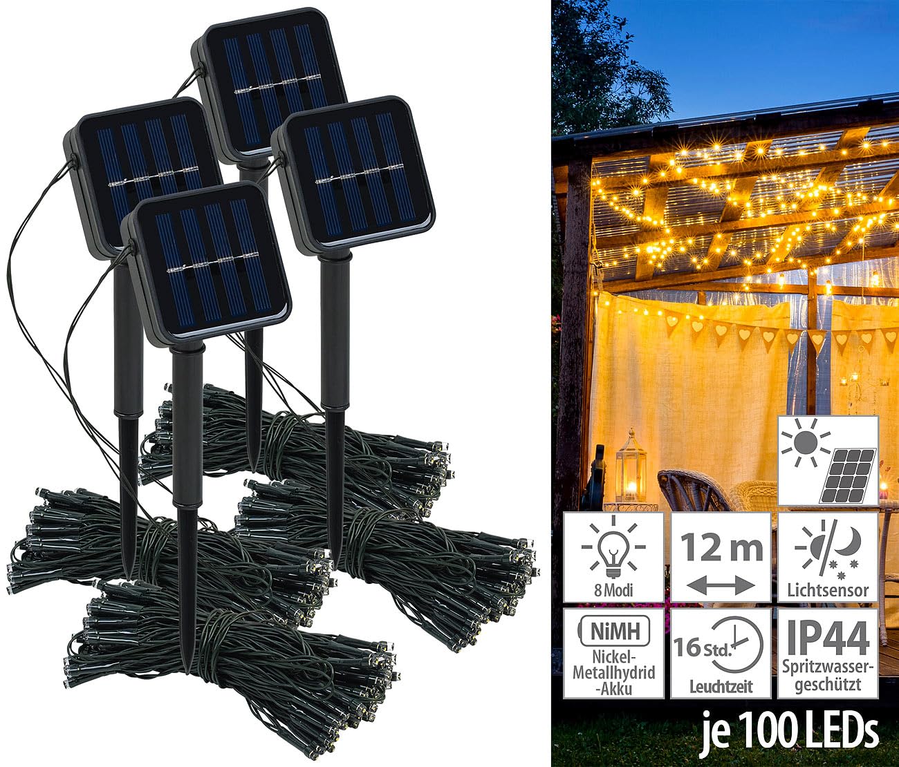Lunartec Licht-Dekoration Solar-Lichterkette 4er-Set 12m warmweiß