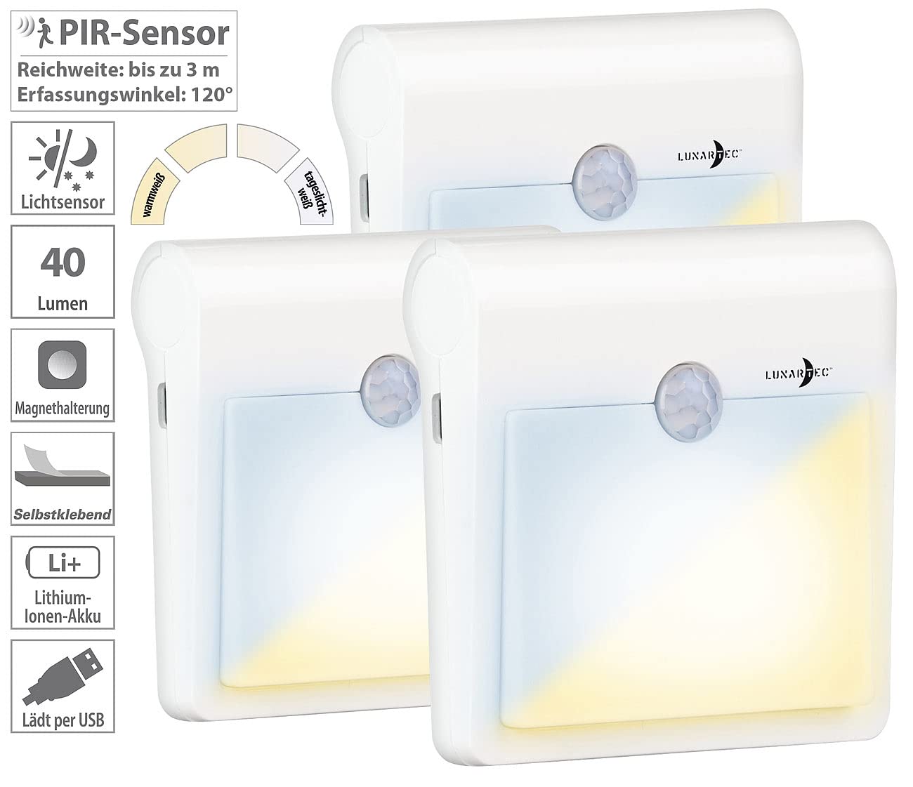 Lunartec Innenbeleuchtung LED-Nachtlicht 3er-Set 40lm Sensor