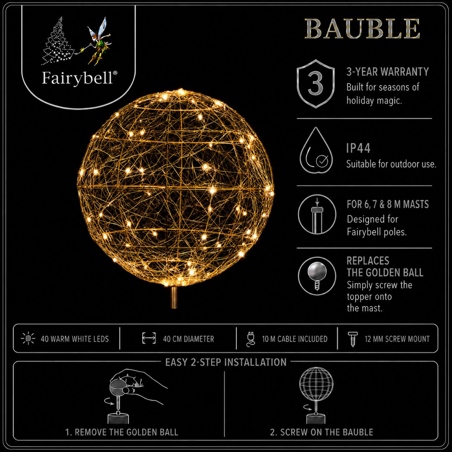 Fairybell Accessories Spitze Kugel gold 40cm warmweiß 300 LED