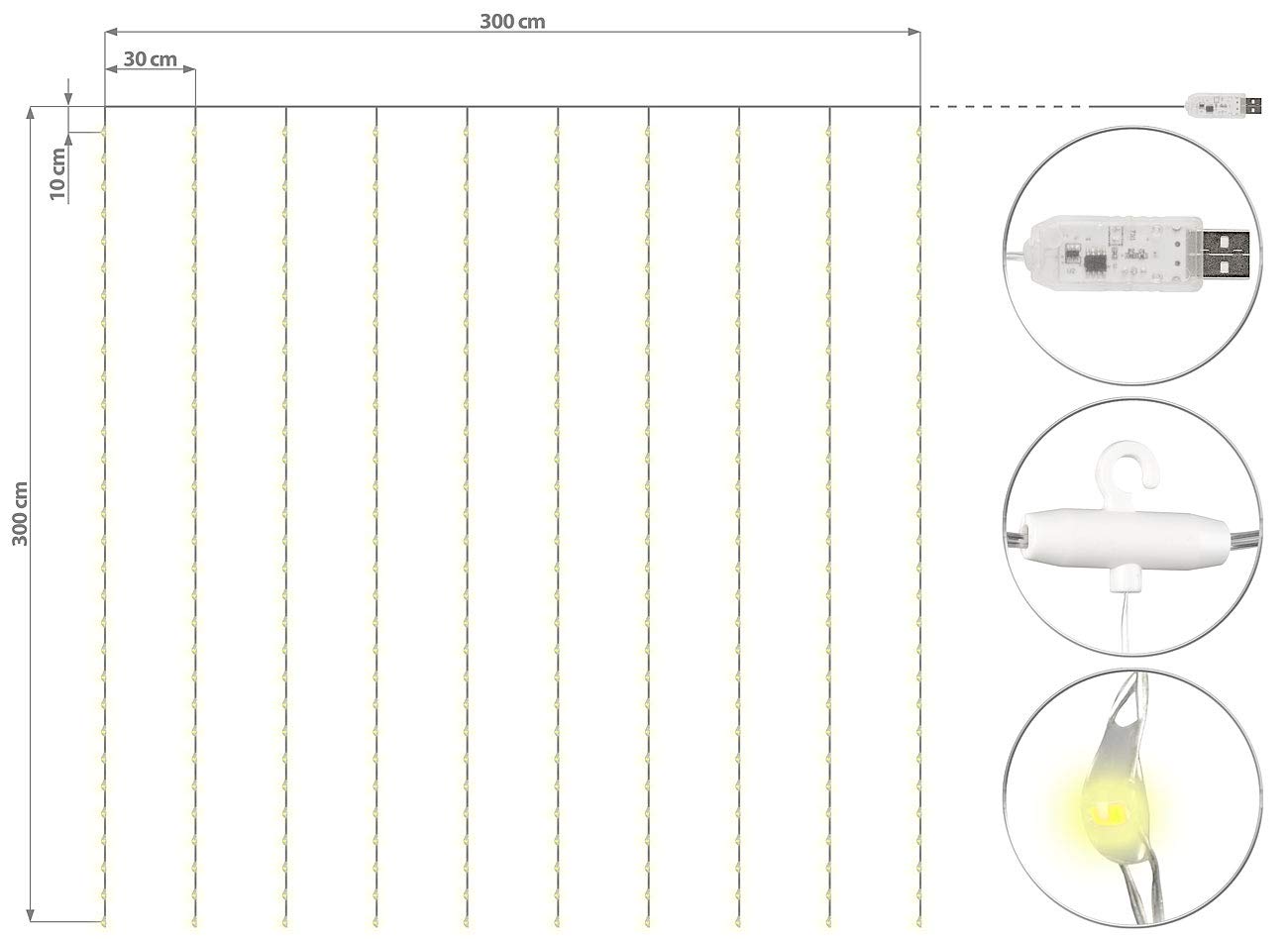 Lunartec Licht-Dekoration LED-Lichtervorhang warmweiß 3x3m 2er-Set