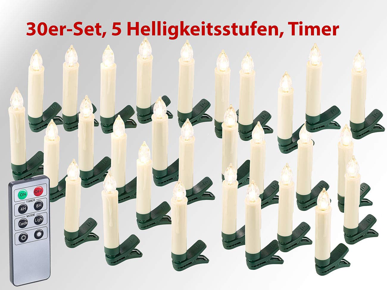 Lunartec LED Weihnachtsbaum-Kerzen 30er-Set weiß Timer