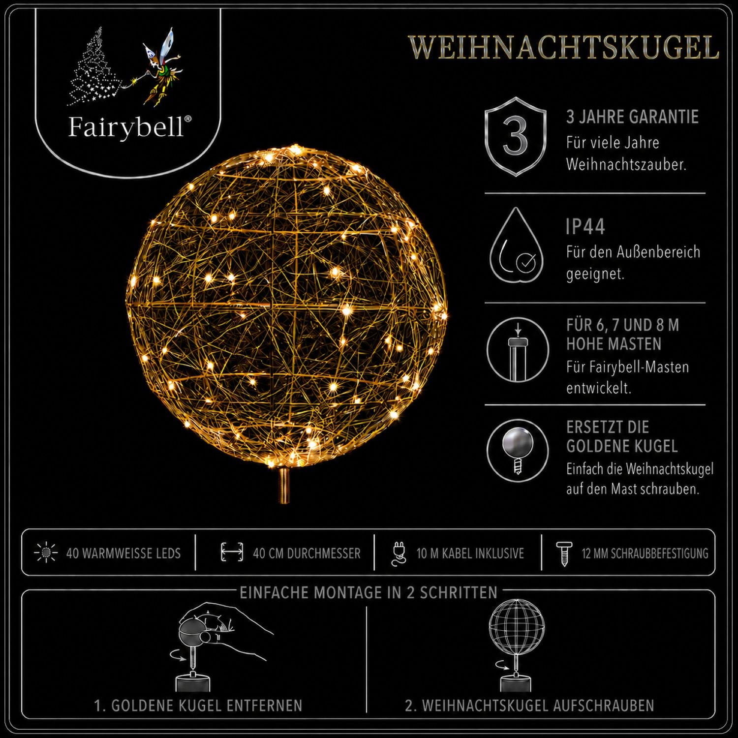 Fairybell Accessories Spitze Kugel gold 40cm warmweiß 300 LED