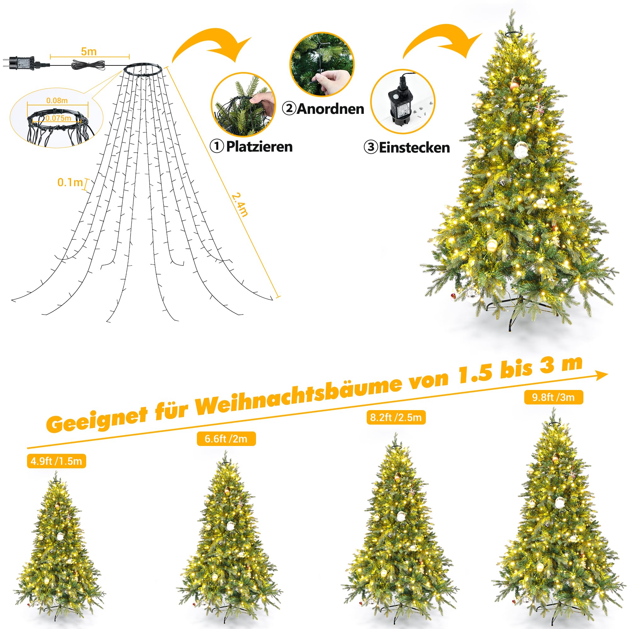 Qedertek Lighting 240 LED Christbaumbeleuchtung warmweiß 2,4m