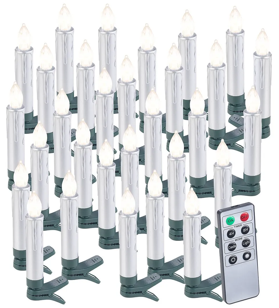 Lunartec Licht-Dekoration Christbaumkerzen LED 30er Silber Timer