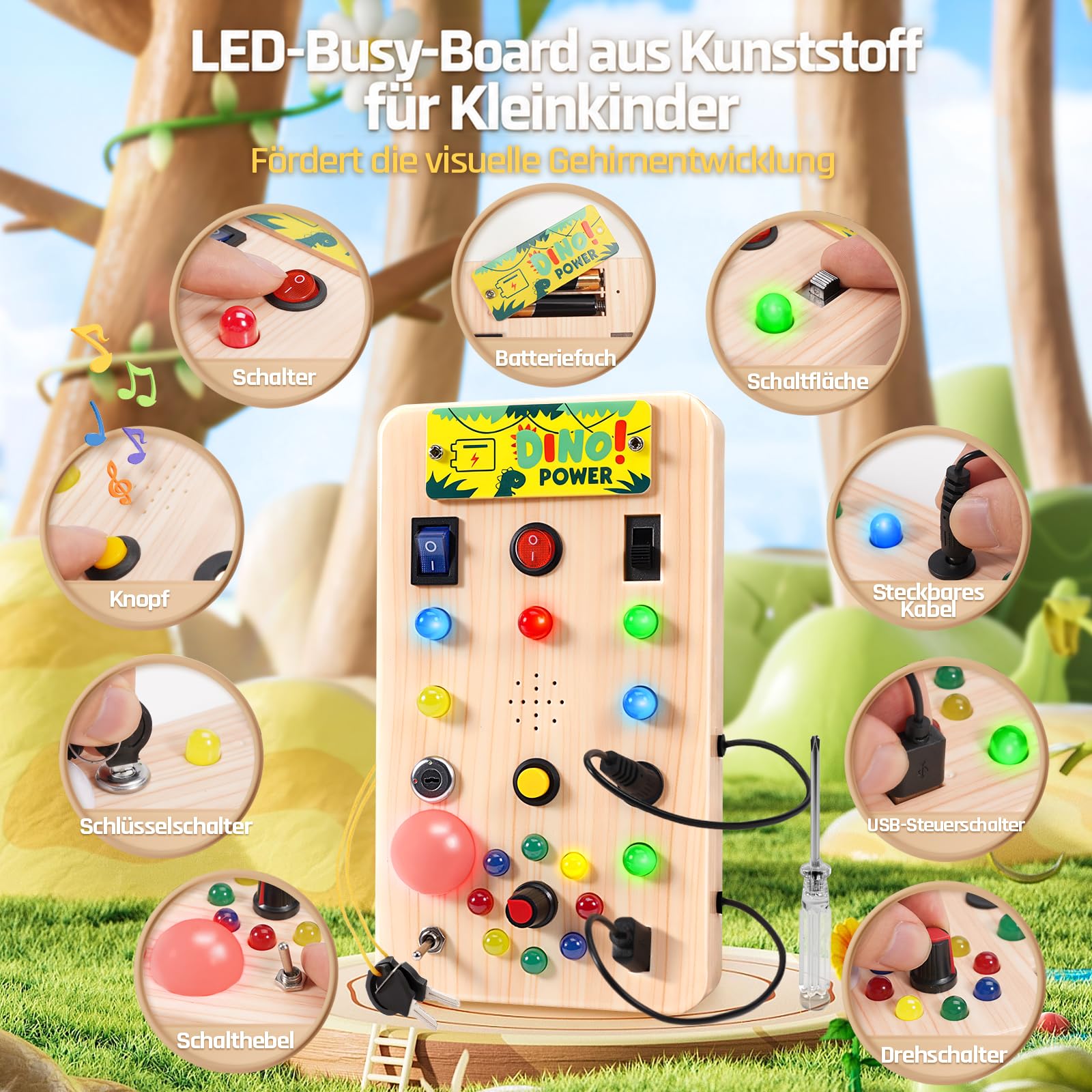 WEARXI Busy Board Holzoptik LED Dinosaurier Sound