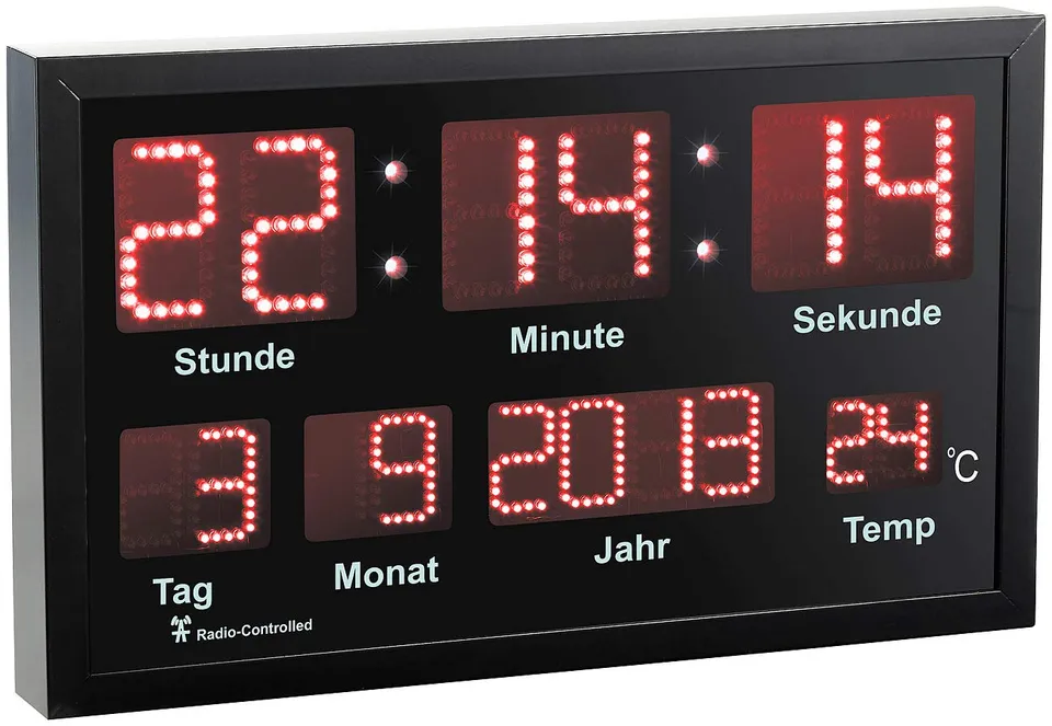 Lunartec LED-Uhren Funk-Wanduhr rot Datum Temperatur Metall