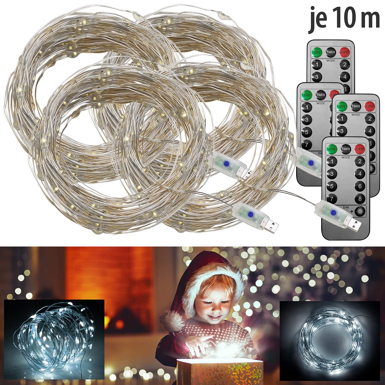 Lunartec Licht-Dekoration USB Lichterdraht tageslichtweiss 4er-Set