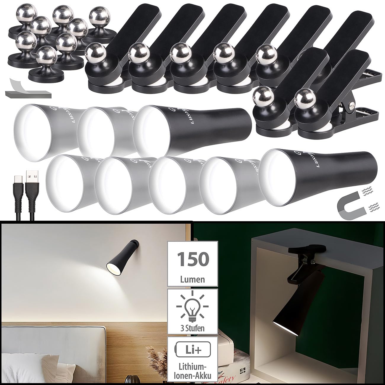 Lunartec Taschenlampen 3in1 Akku-Lampe schwarz 8er-Set 150 lm
