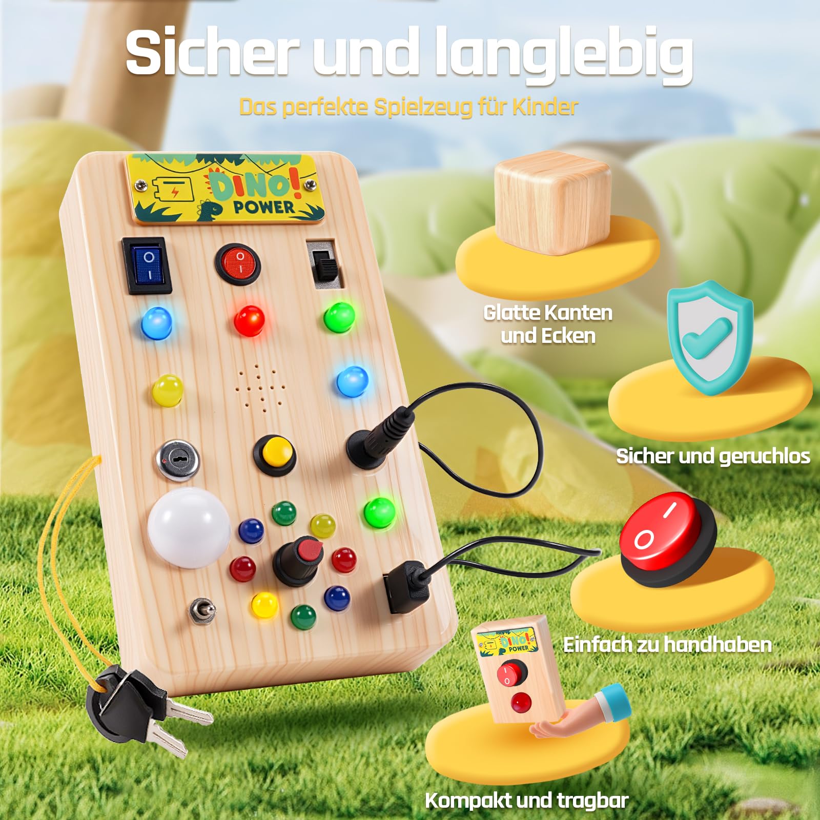 WEARXI Busy Board Holzoptik LED Dinosaurier Sound