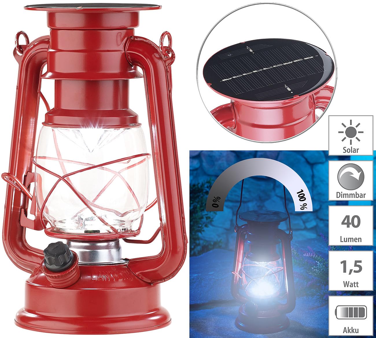 Lunartec Außenbeleuchtung Solar-Sturmlampe rot 23 cm