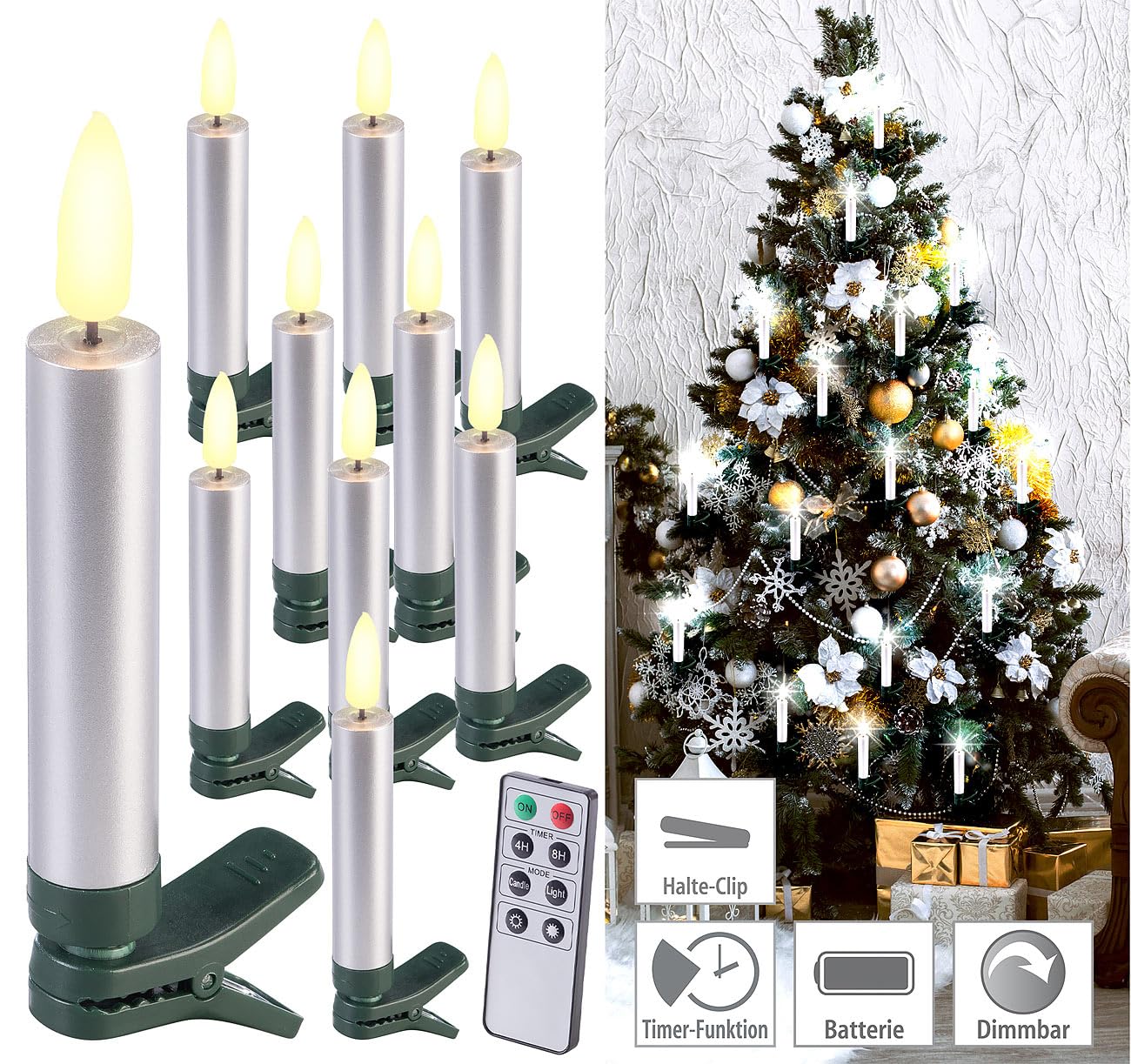 Lunartec Licht-Dekoration LED-Christbaumkerzen 10er-Set Silber