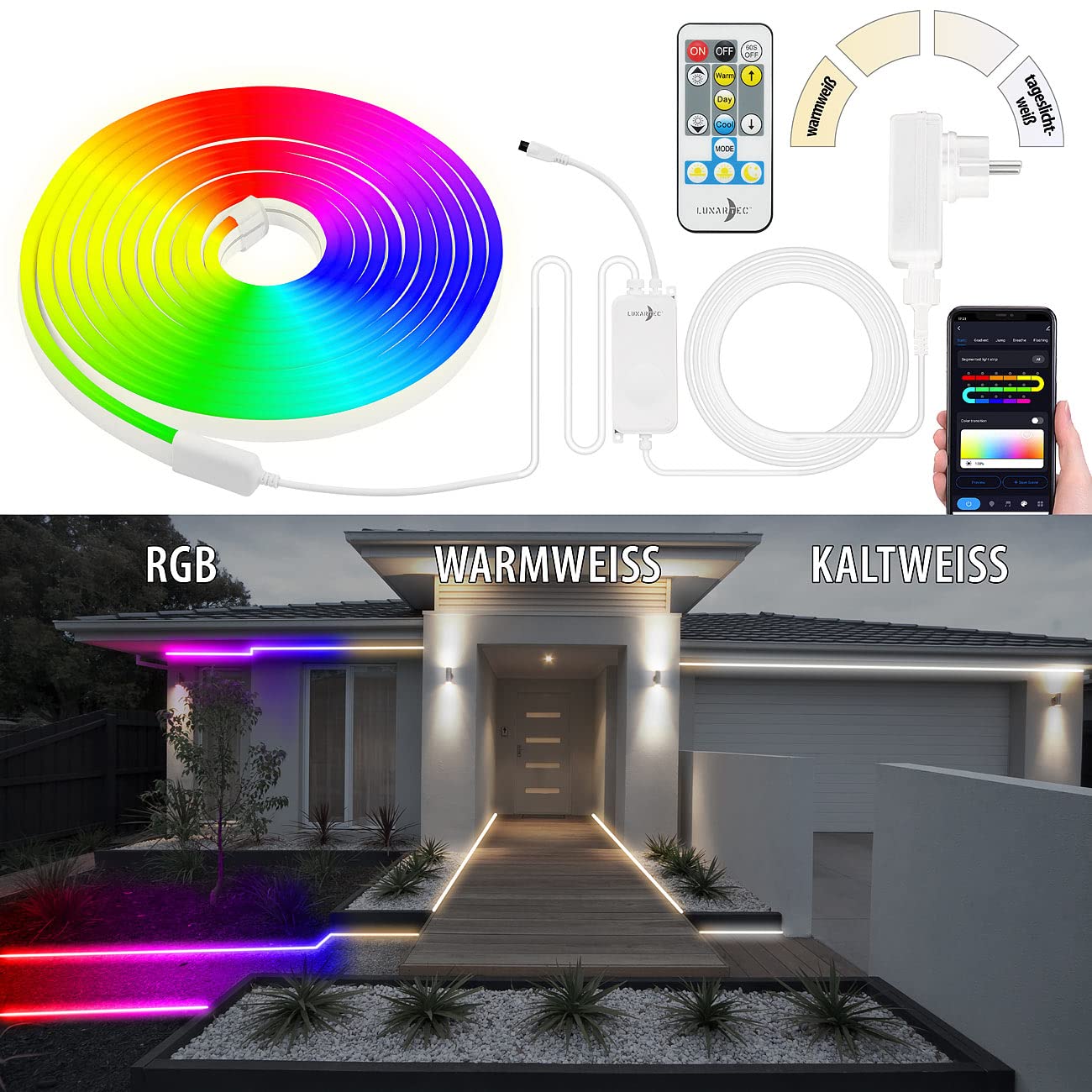 Lunartec Innenbeleuchtung WLAN Neon-Schlauch RGBW 5m IP65