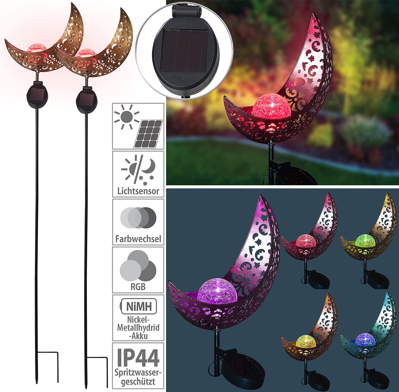 Lunartec Licht-Dekoration Solar-Mondleuchte 2er-Set RGB IP44