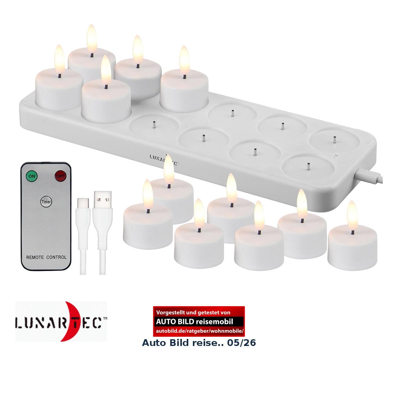 Lunartec Licht-Dekoration LED-Teelichter 12er-Set mit Timer USB