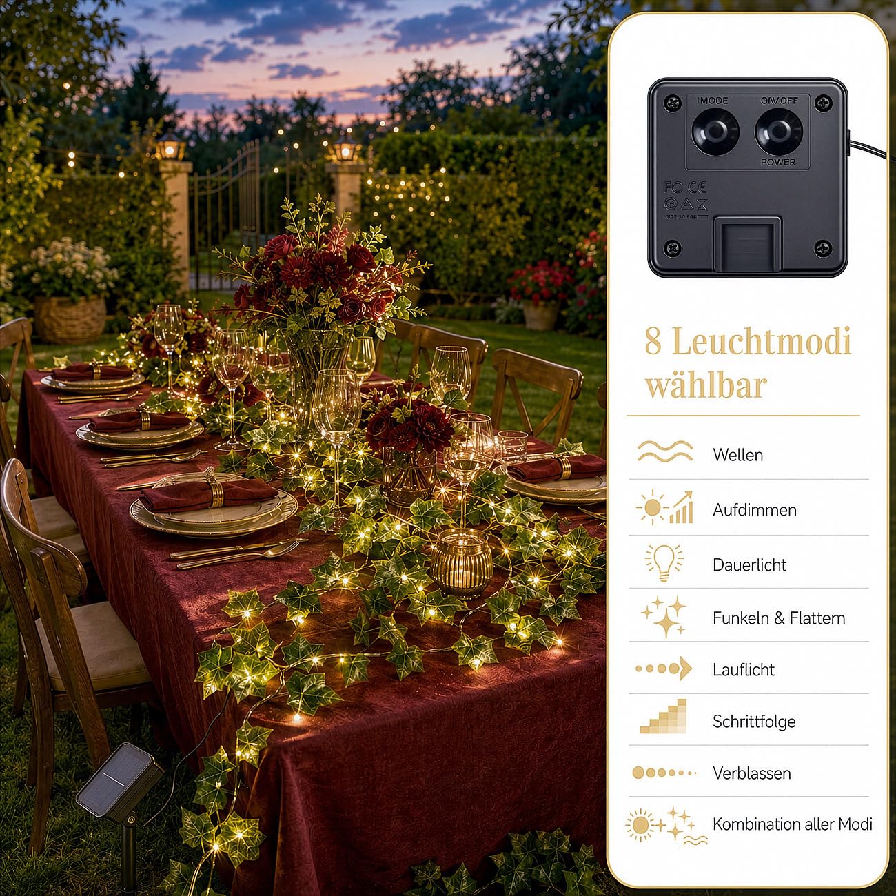 Lunartec Licht-Dekoration Solar Efeu-Lichterkette 12m 120 LEDs