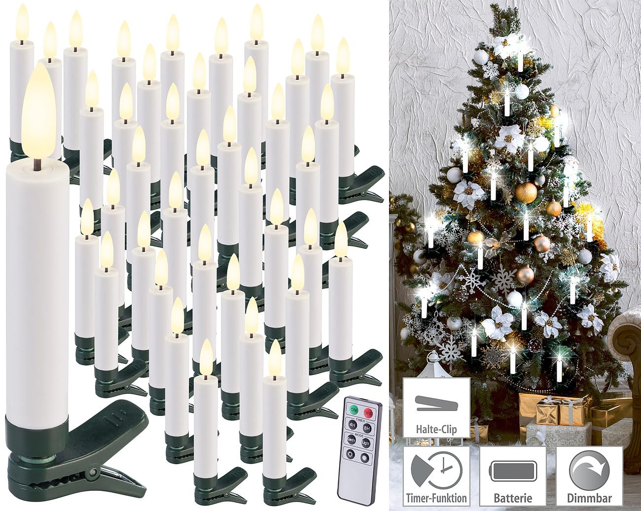 Lunartec Licht-Dekoration Weihnachtsbaumkerzen 40er-Set weiß