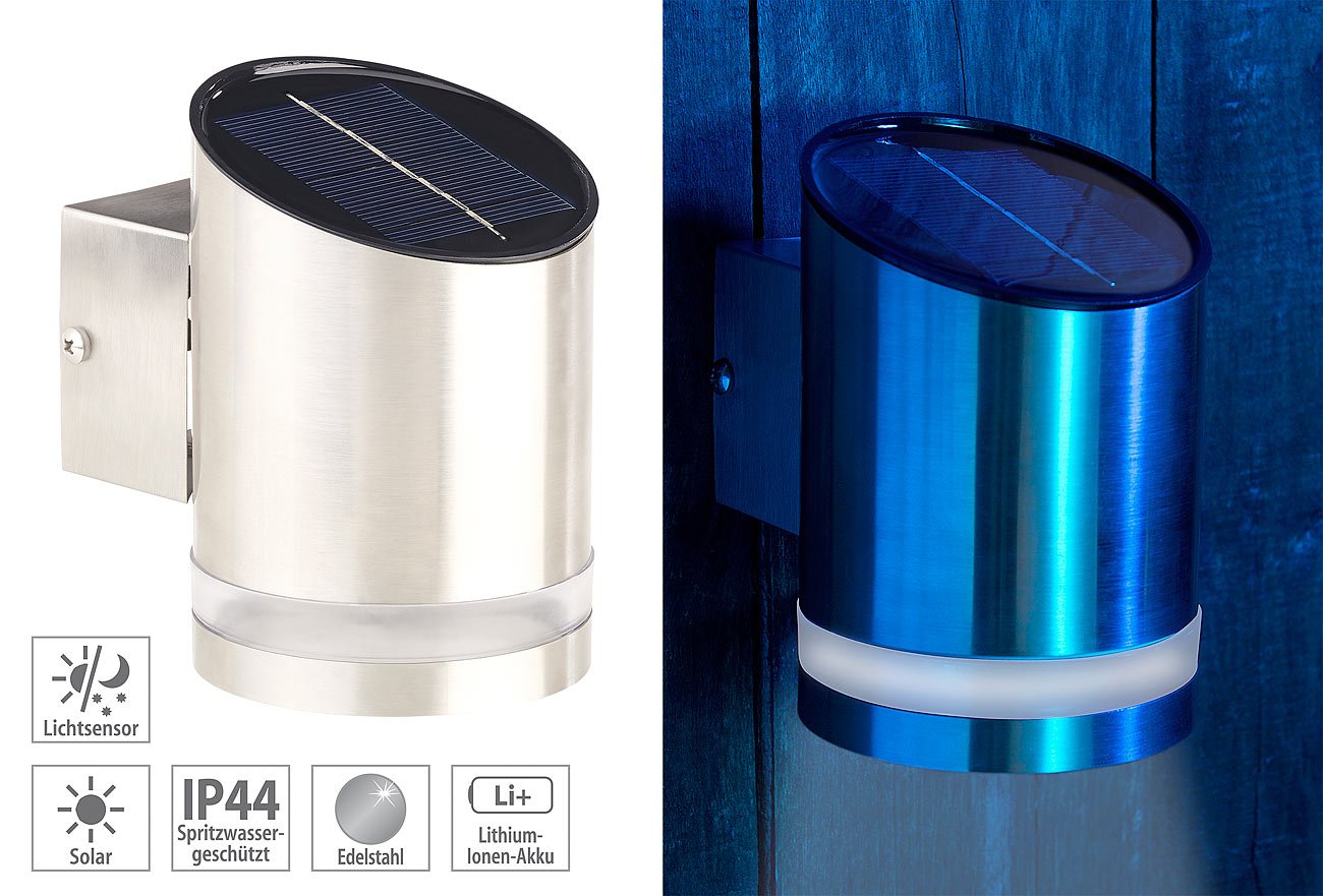 Lunartec Außenbeleuchtung Solar-Wandleuchte Edelstahl 20 lm