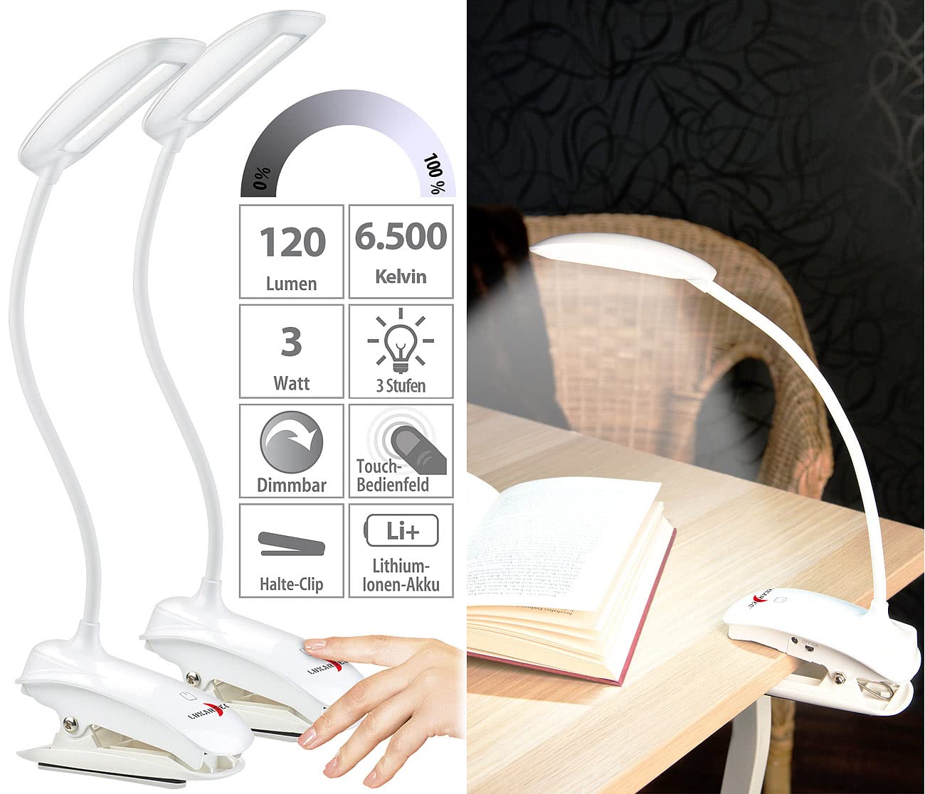 Lunartec Innenbeleuchtung Klemmleuchte COB-LED 3W 2er-Set tageslichtweiß