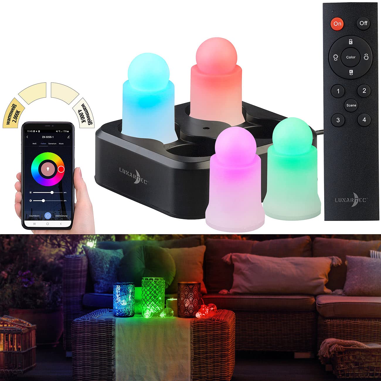 Lunartec Licht-Dekoration LEDK-4 LED-Kerzen 4er-Set RGBWW App