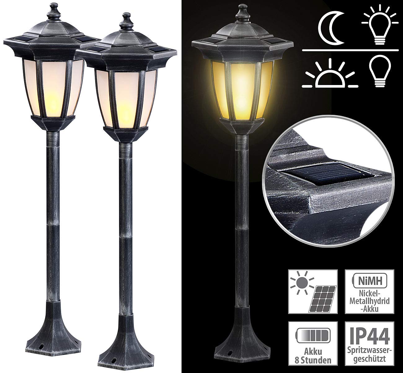 Lunartec Außenbeleuchtung Solar-Standlaterne 64 cm 2er-Set Flammeneffekt