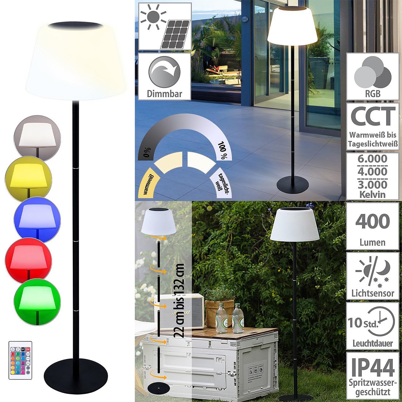 Lunartec Außenbeleuchtung Balkonlampe Solar RGB einzeln 400 lm