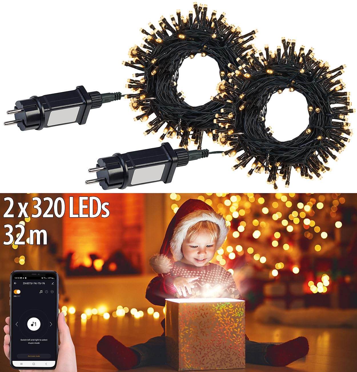 Lunartec Licht-Dekoration WLAN-Lichterkette 32m warmweiß 2er-Set