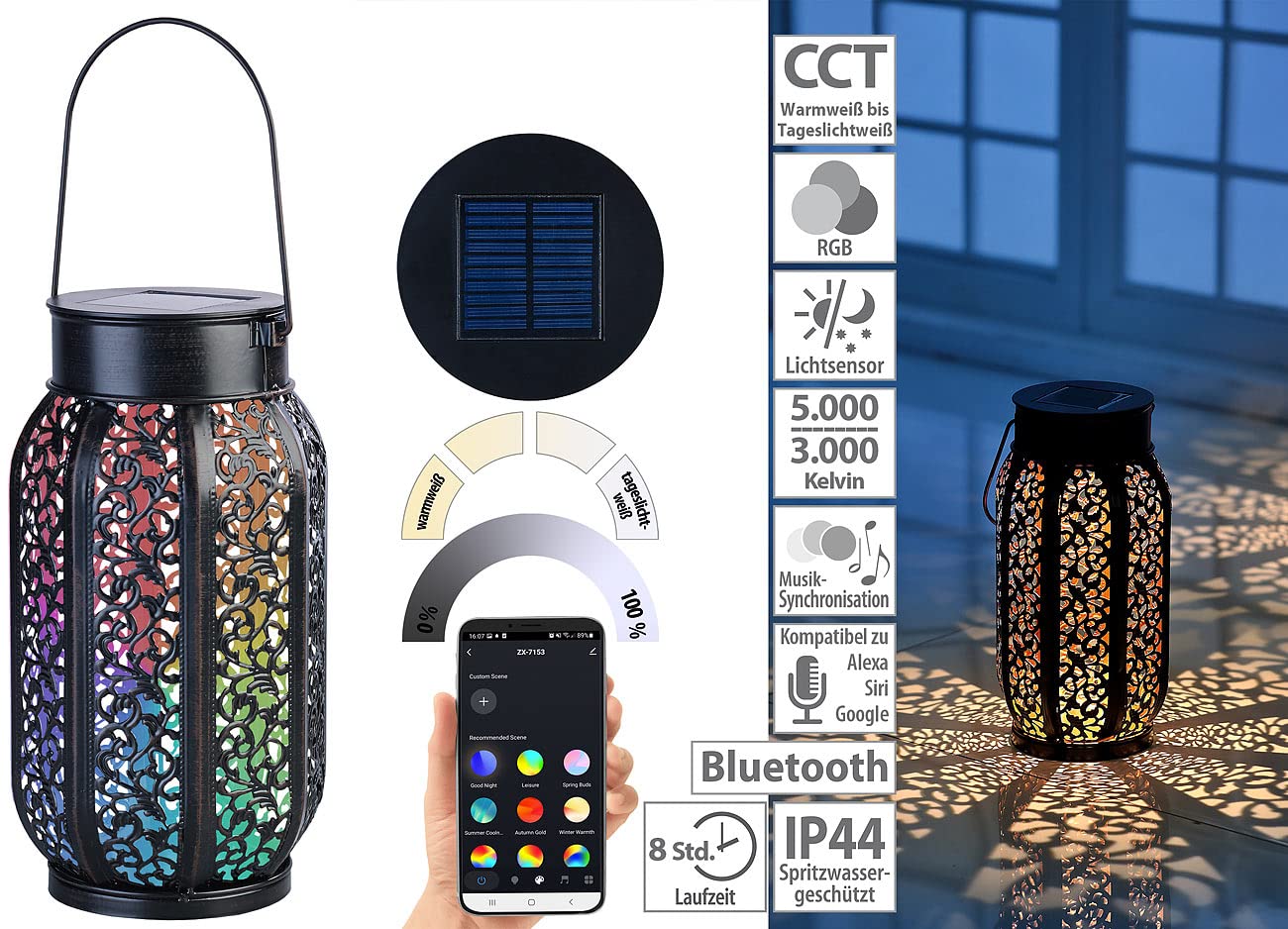 Lunartec Außenbeleuchtung Solar-Laterne Metall RGB App IP44