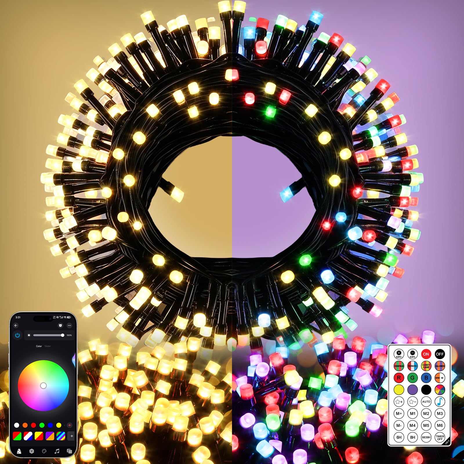 elktry Lichterkette 30m 300 LEDs bunt mit Fernbedienung