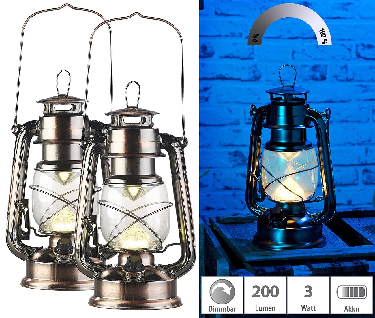 Lunartec Taschenlampen LED-Sturmlampe 2er Bronze warmweiß