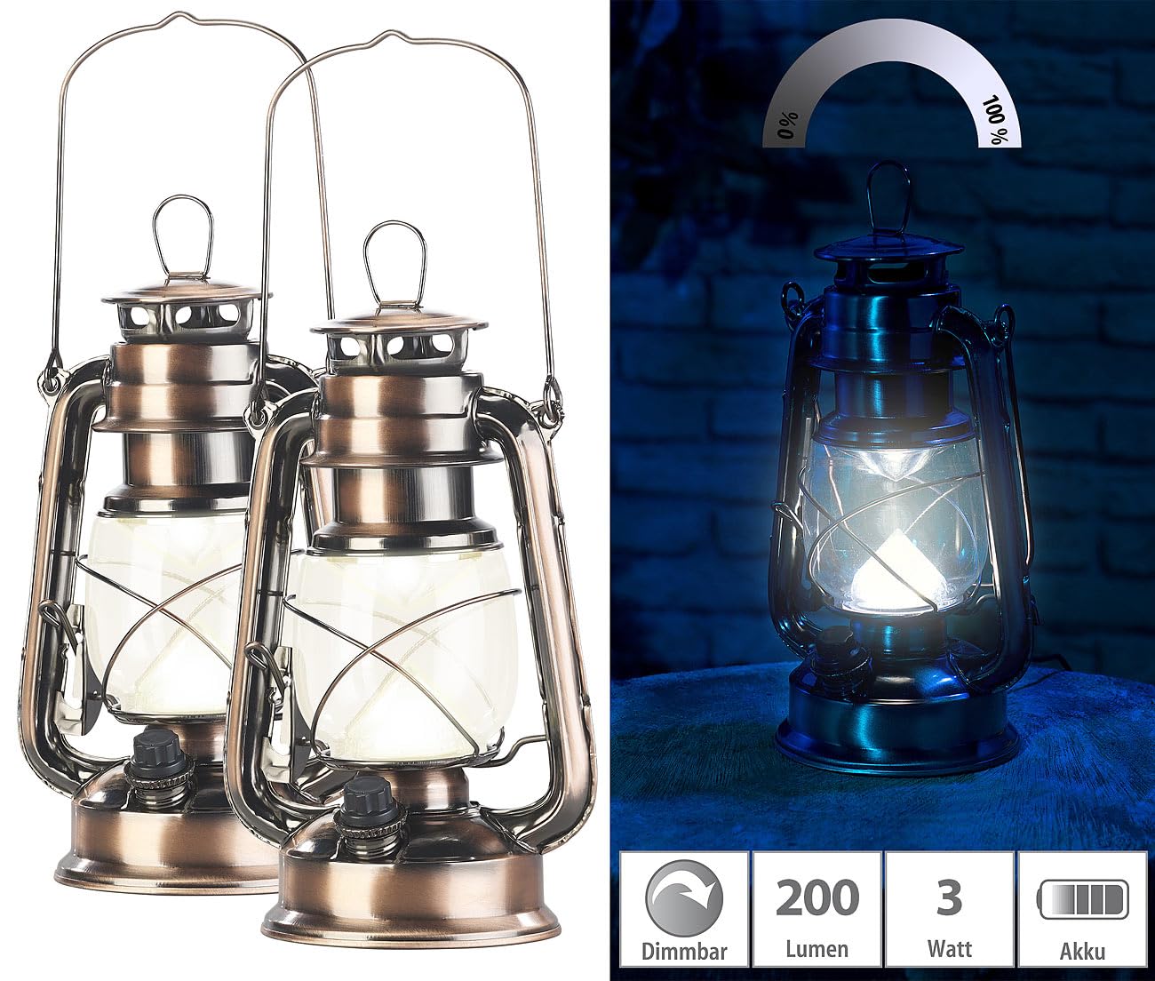 Lunartec Taschenlampen LED-Sturmlaterne Akku 2er-Set bronze warmweiß