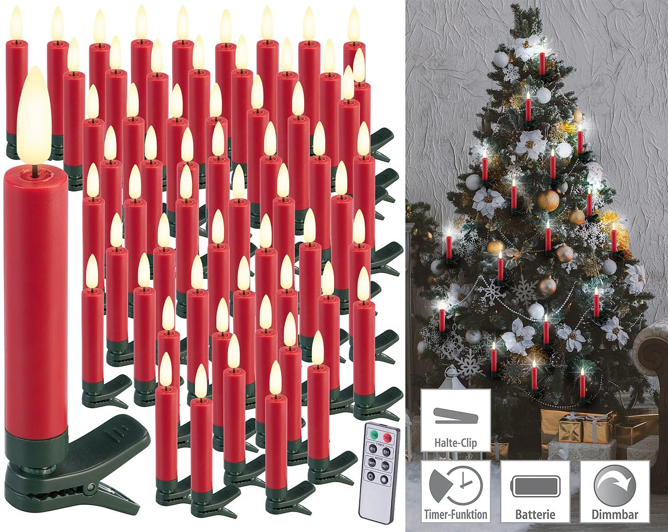 Lunartec Licht-Dekoration LED-Weihnachtsbaumkerzen 60er Rot warmweiß