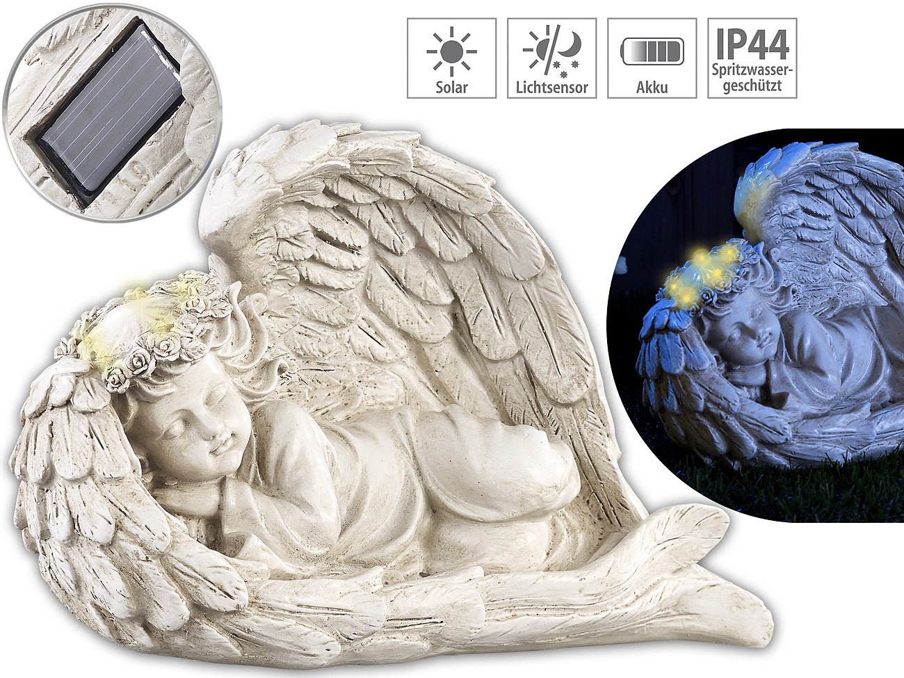 Lunartec Solar-Engel Grablicht LED Schutzengel 16cm